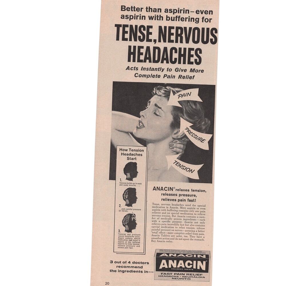 Anacin Pain Reliever / Telegram Magazine Advertisement 1950s Vintage Medicine